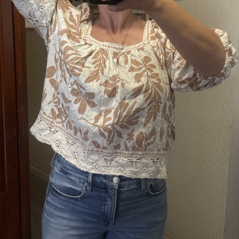 Christian Siriano Linen Blend Floral Square Neck Crochet Blouse Top Shirt Sz L - Picture 5 of 10